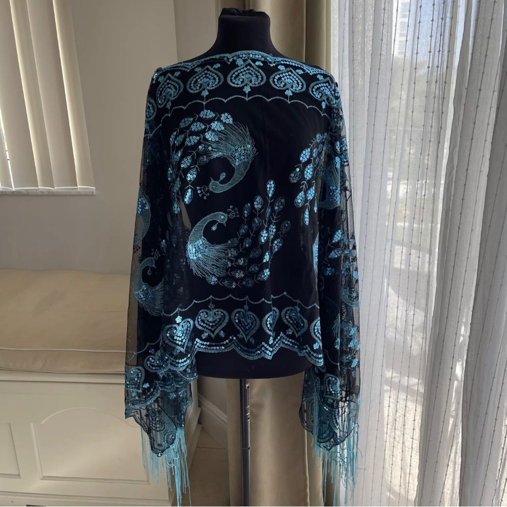 Vintage Sequin Peacock Embroidered Shawl Wrap Fringed